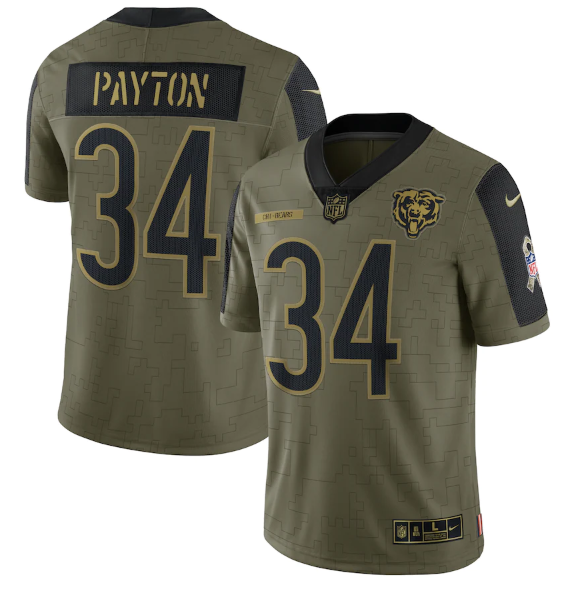 Men's Chicago Bears #34 Walter Payton 2021 Olive Salute To Service Limited Stitched Jersey Men's Chicago Bears #34 Walter Payton 2021 Olive Salute To Service Limited Stitched Jersey